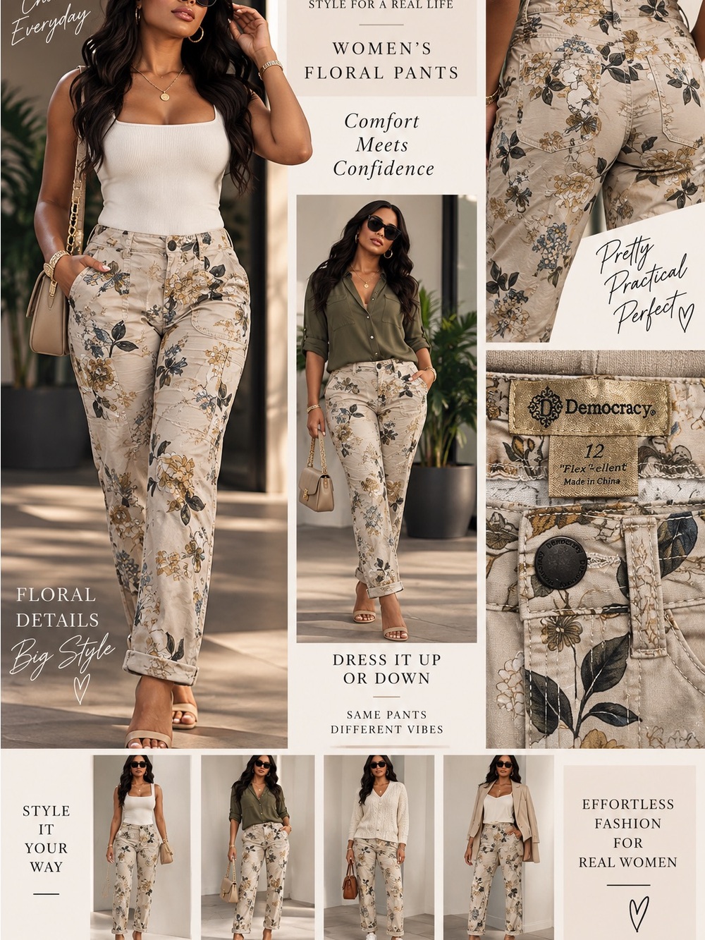 Democracy Beige Floral Straight-Leg Pants size 12